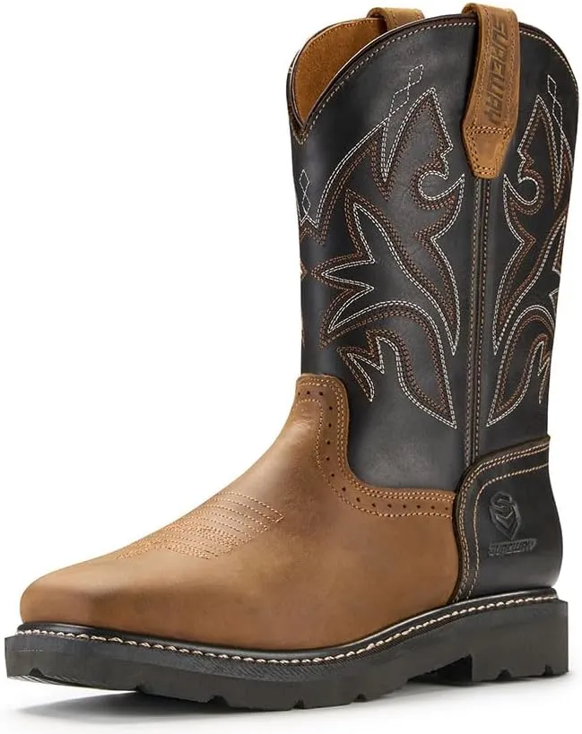 SUREWAY Western Boots - Mens Square Toe Work Boot,Pull On Leather Wellington Boots,Durable Classic Slip Resistant Soft Toe Cowboy Boot
