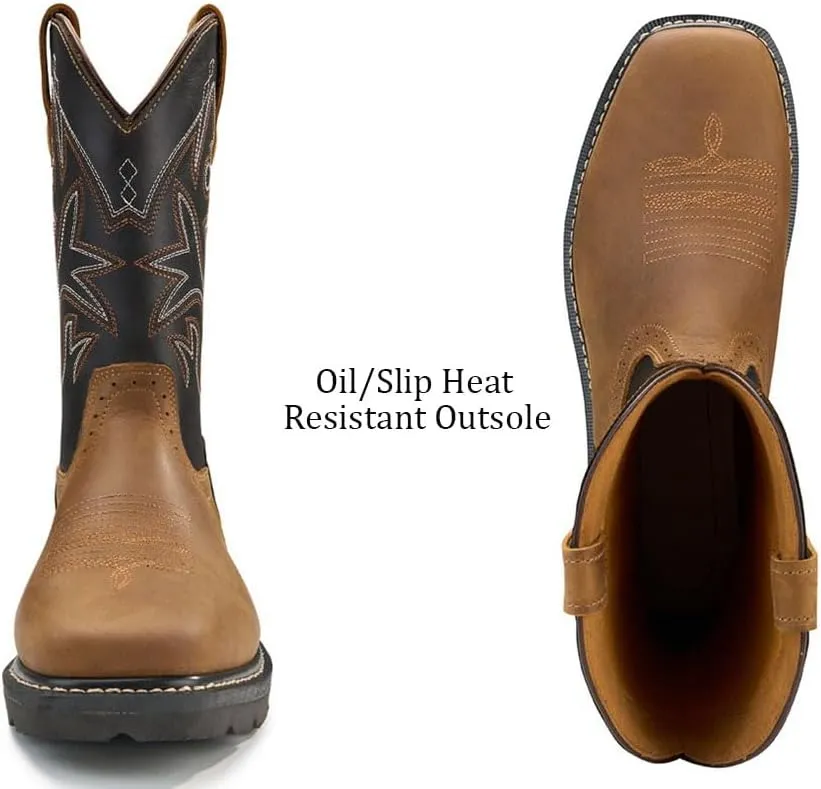 SUREWAY Western Boots - Mens Square Toe Work Boot,Pull On Leather Wellington Boots,Durable Classic Slip Resistant Soft Toe Cowboy Boot