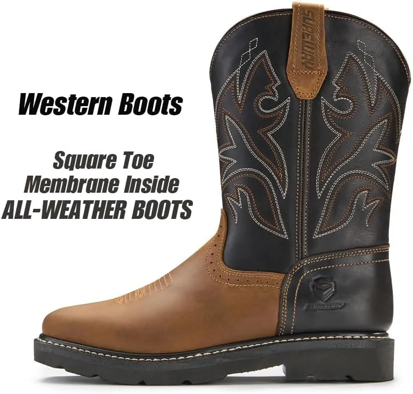 SUREWAY Western Boots - Mens Square Toe Work Boot,Pull On Leather Wellington Boots,Durable Classic Slip Resistant Soft Toe Cowboy Boot