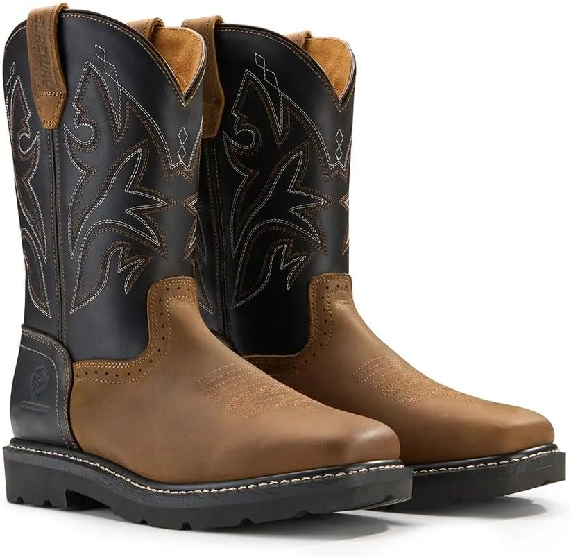 SUREWAY Western Boots - Mens Square Toe Work Boot,Pull On Leather Wellington Boots,Durable Classic Slip Resistant Soft Toe Cowboy Boot