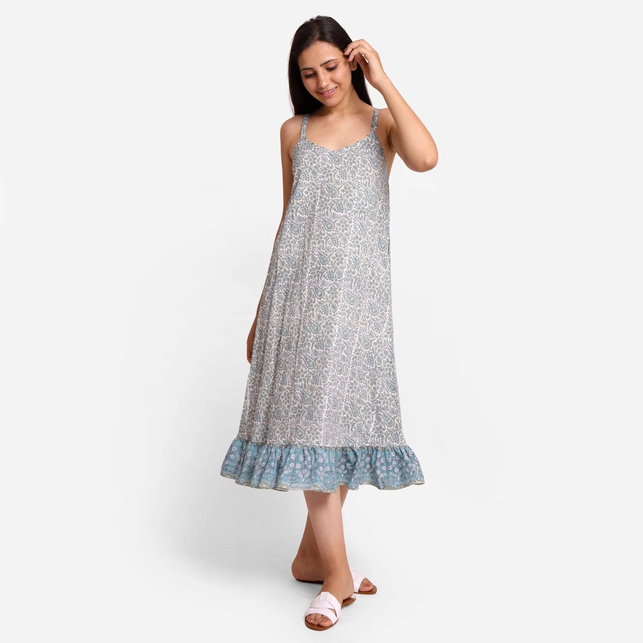 Teal Paisley Block Printed Cotton Midi Dress