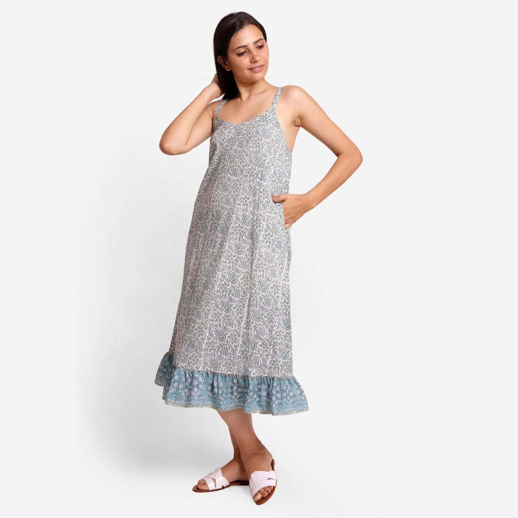 Teal Paisley Block Printed Cotton Midi Dress