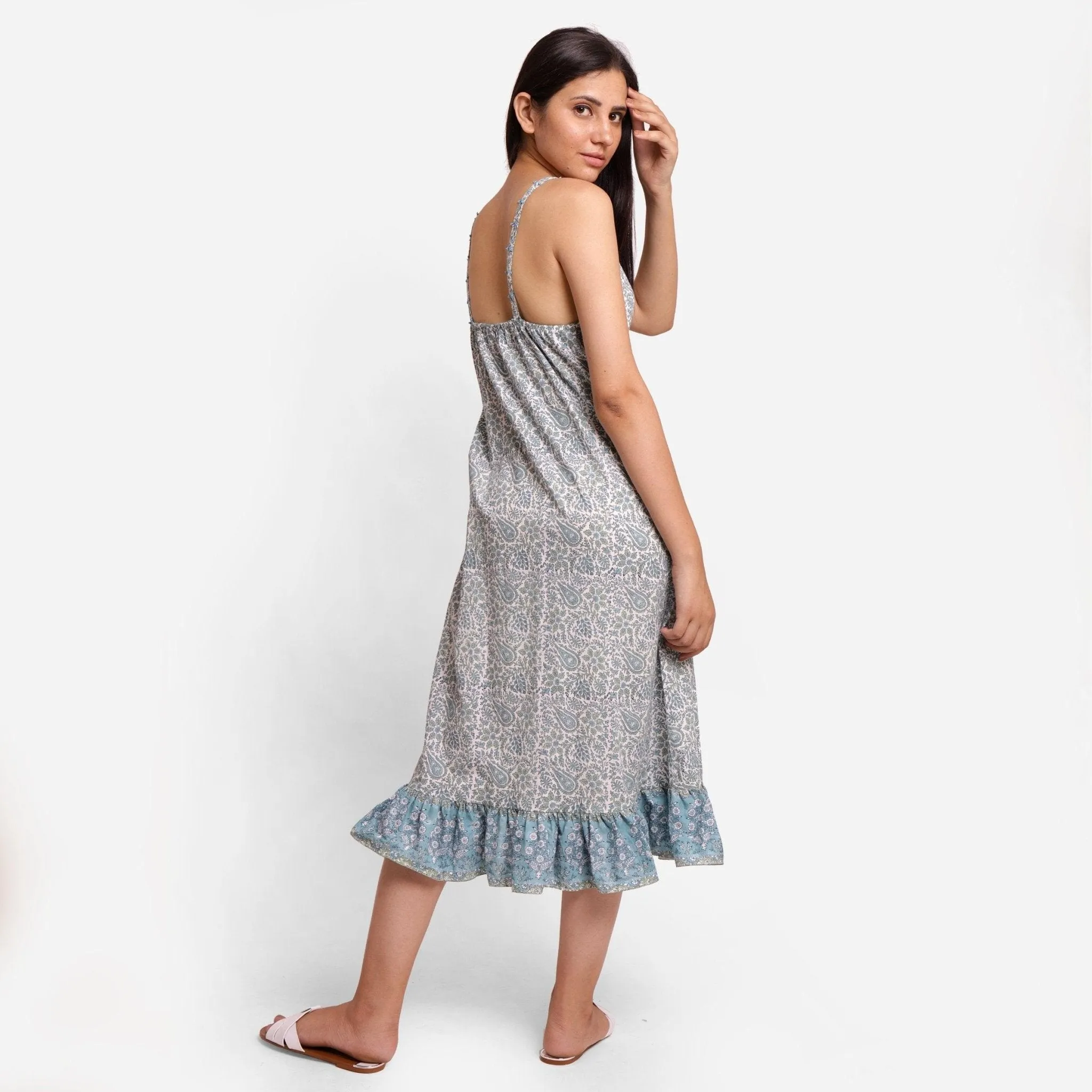 Teal Paisley Block Printed Cotton Midi Dress