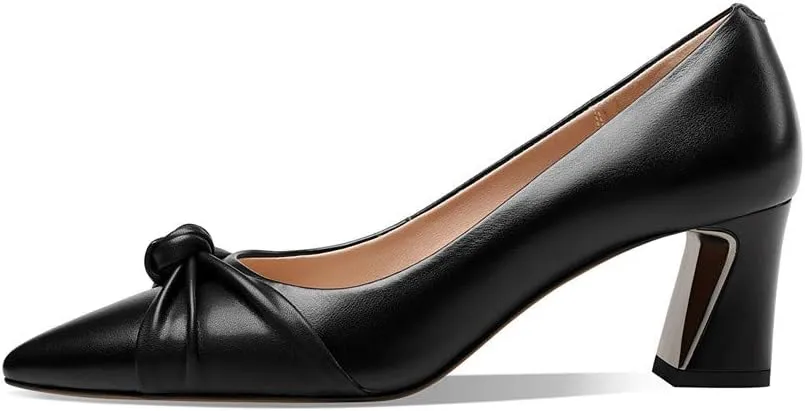 TinaCus Women's Genuine Leather Pointed Toe Handmade Knot Dcor Mid Chunky Heels Elegant Pumps Shoes
