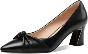 TinaCus Women's Genuine Leather Pointed Toe Handmade Knot Dcor Mid Chunky Heels Elegant Pumps Shoes