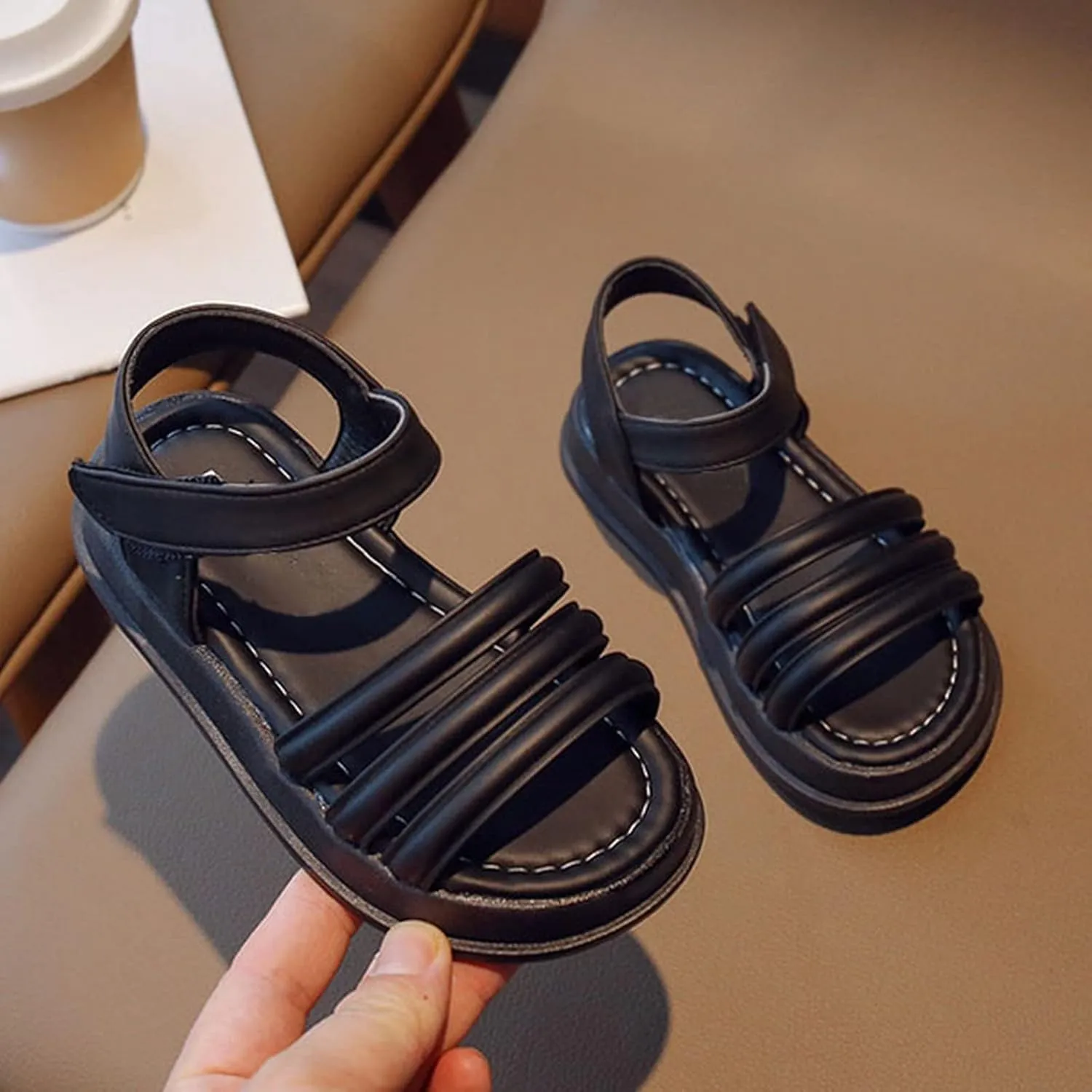 Toddler Kids Girl Leather Soft Princess Flat Shoes Slip-On Open Toe Sandals Non-Slip Soft Rubber Sole Shoes