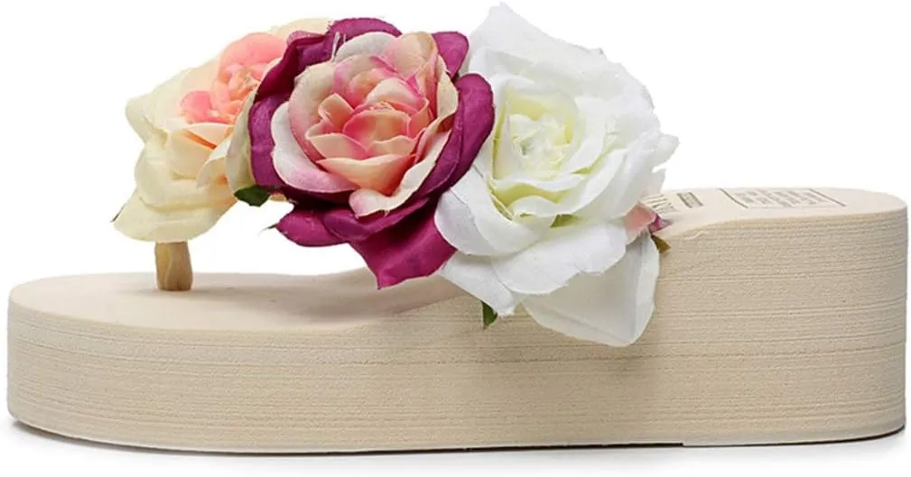VOKLIN Women's Bohemian Flowers Wedge Flipflop Sandals Summer High Heel Platform Nonslip Beach Thong Sandal