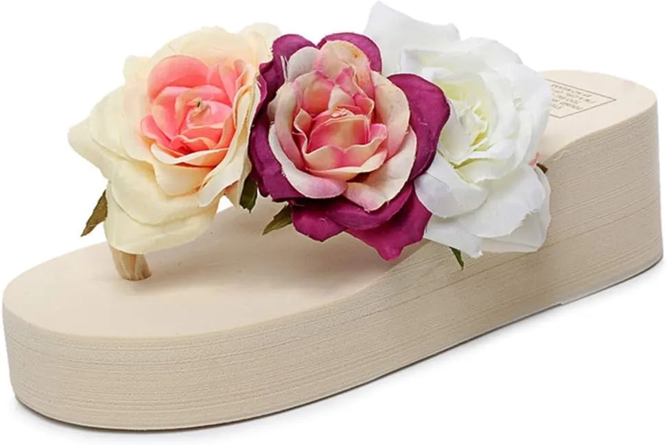VOKLIN Women's Bohemian Flowers Wedge Flipflop Sandals Summer High Heel Platform Nonslip Beach Thong Sandal