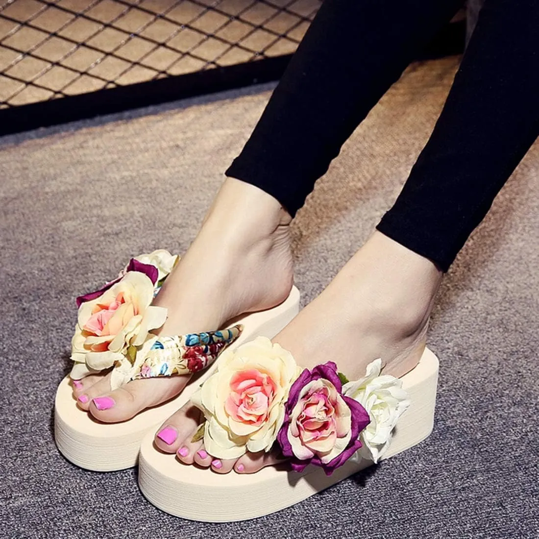 VOKLIN Women's Bohemian Flowers Wedge Flipflop Sandals Summer High Heel Platform Nonslip Beach Thong Sandal