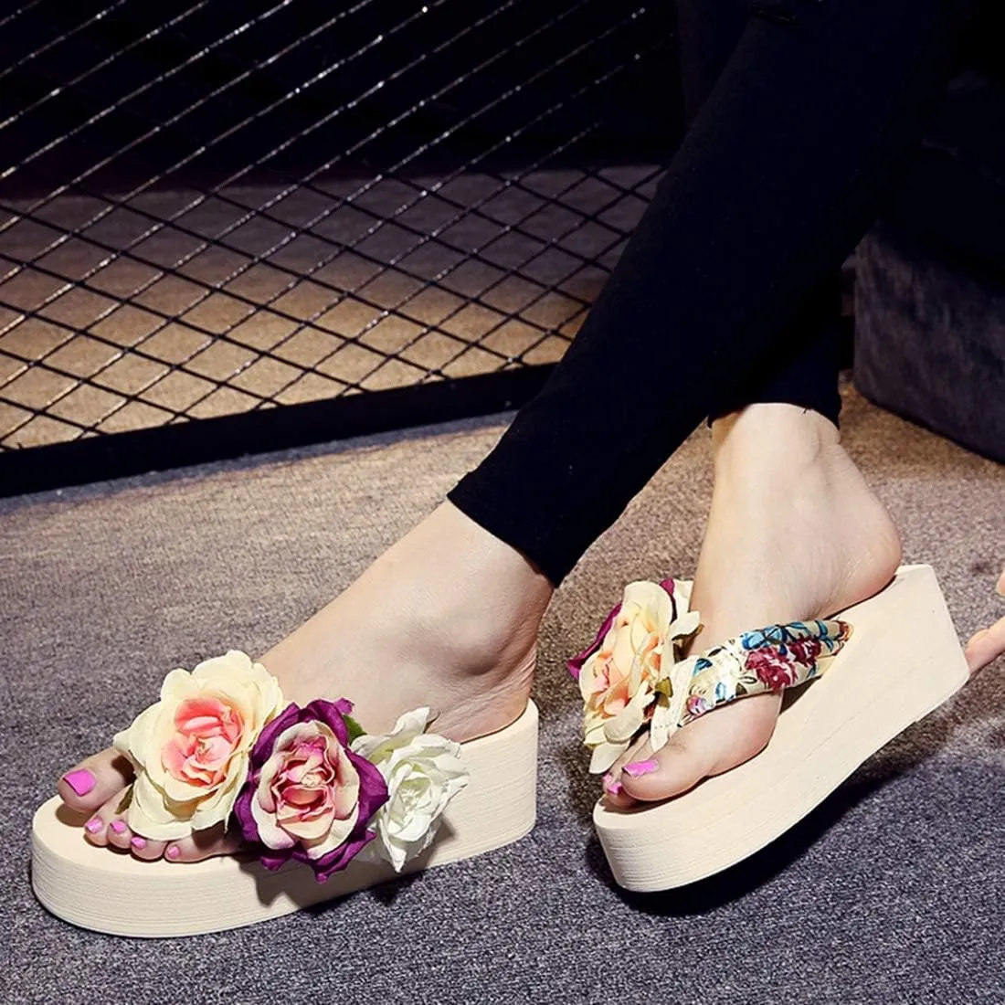 VOKLIN Women's Bohemian Flowers Wedge Flipflop Sandals Summer High Heel Platform Nonslip Beach Thong Sandal