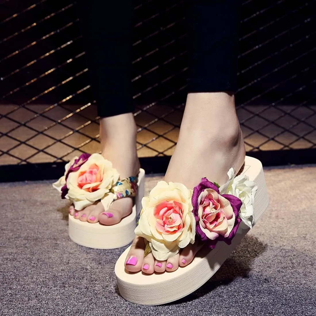 VOKLIN Women's Bohemian Flowers Wedge Flipflop Sandals Summer High Heel Platform Nonslip Beach Thong Sandal