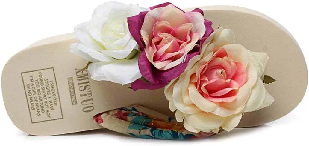 VOKLIN Women's Bohemian Flowers Wedge Flipflop Sandals Summer High Heel Platform Nonslip Beach Thong Sandal