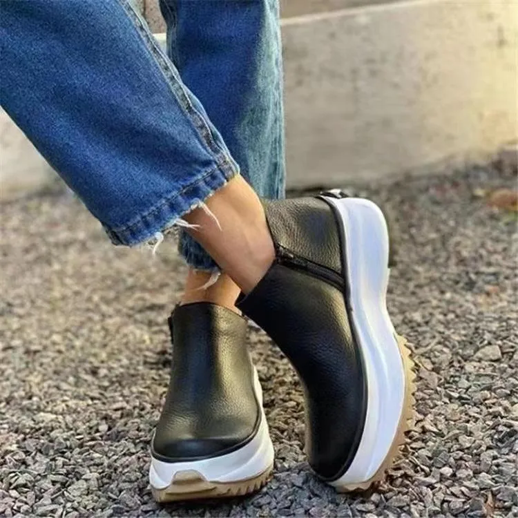 Women England style side zipper chunky platform short boots