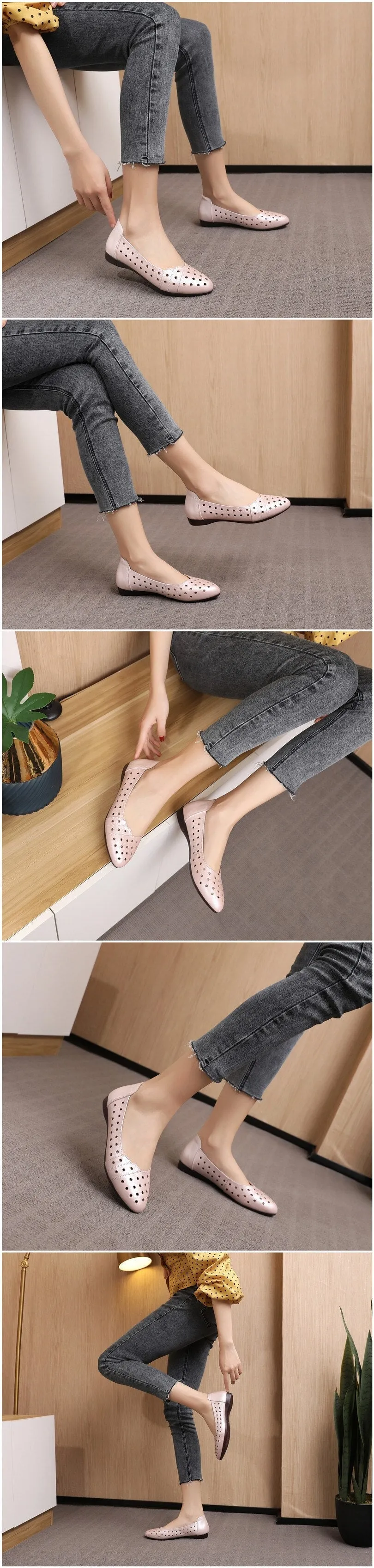 Women Flat shoes Low Heel Hollow Out Breathable Leather Soft Sandals