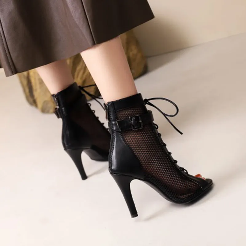 Women heel sandal ankle strap stiletto hollow peep toe lace up sandals