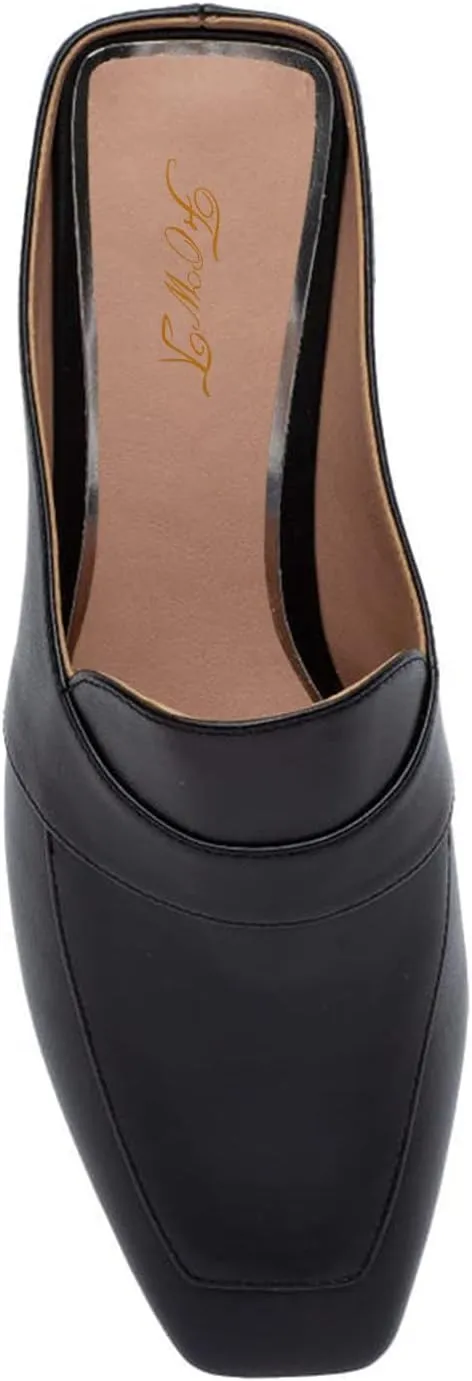 Women Luxury Leather Mules, Closed Square Toe Loafer, Med Chunky Heel Backless Mule Sandals, Lightweight Slip on Slingback Walking Shoes for Ladies, Elegant Dress Casual Slippers, Full Size 4-16 M US