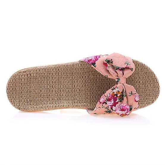 Women's cotton flax bowknot slide sandals floral print beach slides