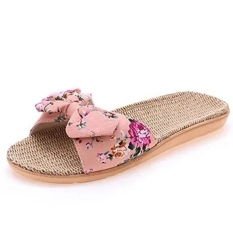 Women's cotton flax bowknot slide sandals floral print beach slides