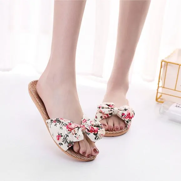 Women's cotton flax bowknot slide sandals floral print beach slides
