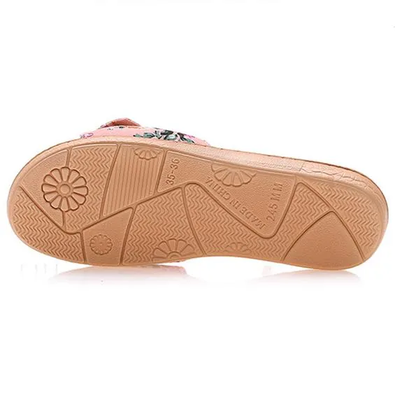 Women's cotton flax bowknot slide sandals floral print beach slides