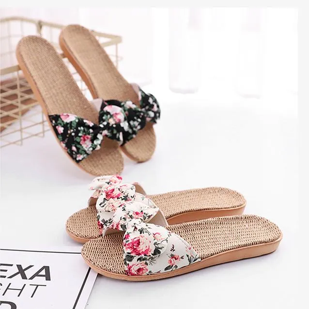 Women's cotton flax bowknot slide sandals floral print beach slides
