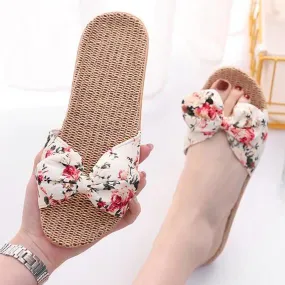Women's cotton flax bowknot slide sandals floral print beach slides