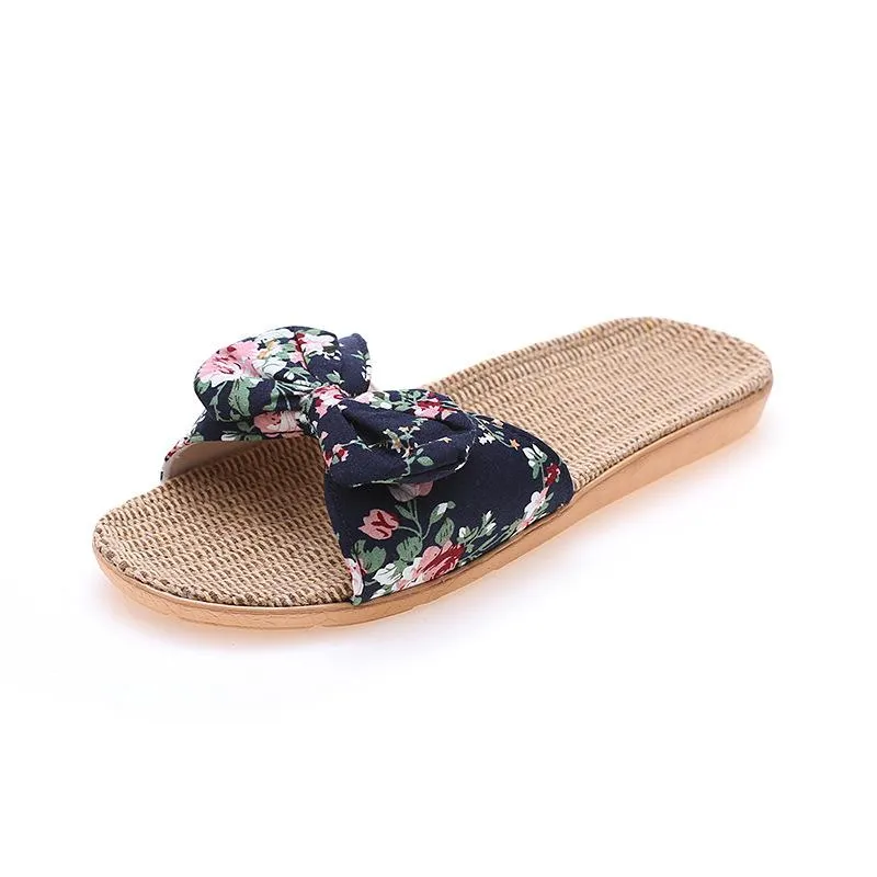 Women's cotton flax bowknot slide sandals floral print beach slides