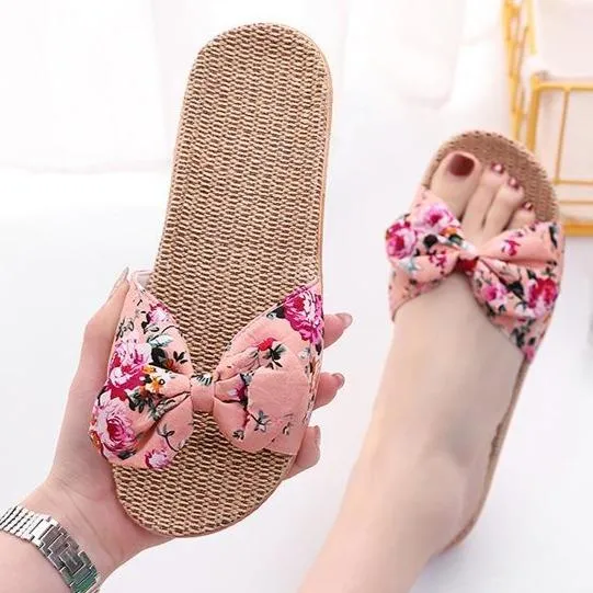 Women's cotton flax bowknot slide sandals floral print beach slides
