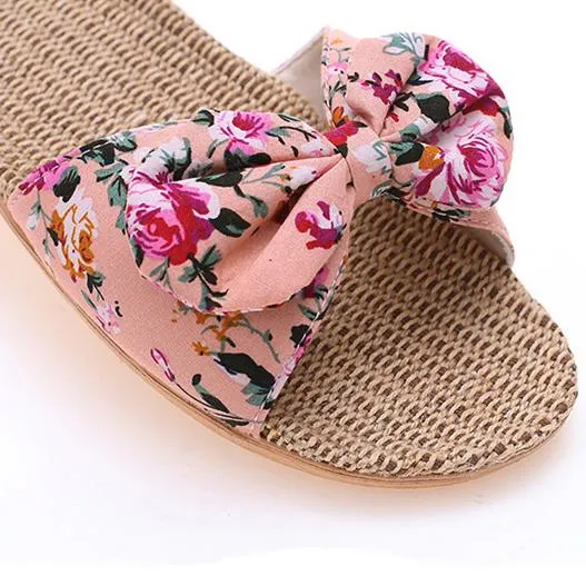 Women's cotton flax bowknot slide sandals floral print beach slides