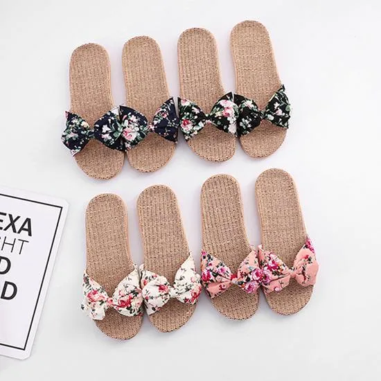 Women's cotton flax bowknot slide sandals floral print beach slides