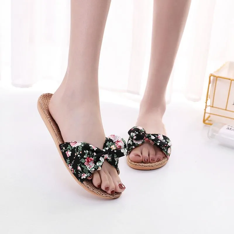 Women's cotton flax bowknot slide sandals floral print beach slides