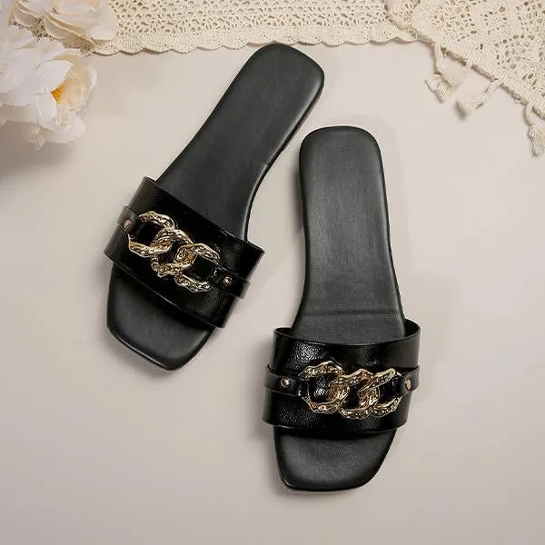Women's Fashion Chain Square Toe Flat Slippers 33254209S