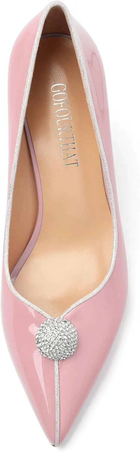 Women's Pointed Toe Heels for Women Stiletto Kitten Heel Slip-on Patent Pumps Elegant Dress Party Wedding Rhinestones Shoes 2.5 inch