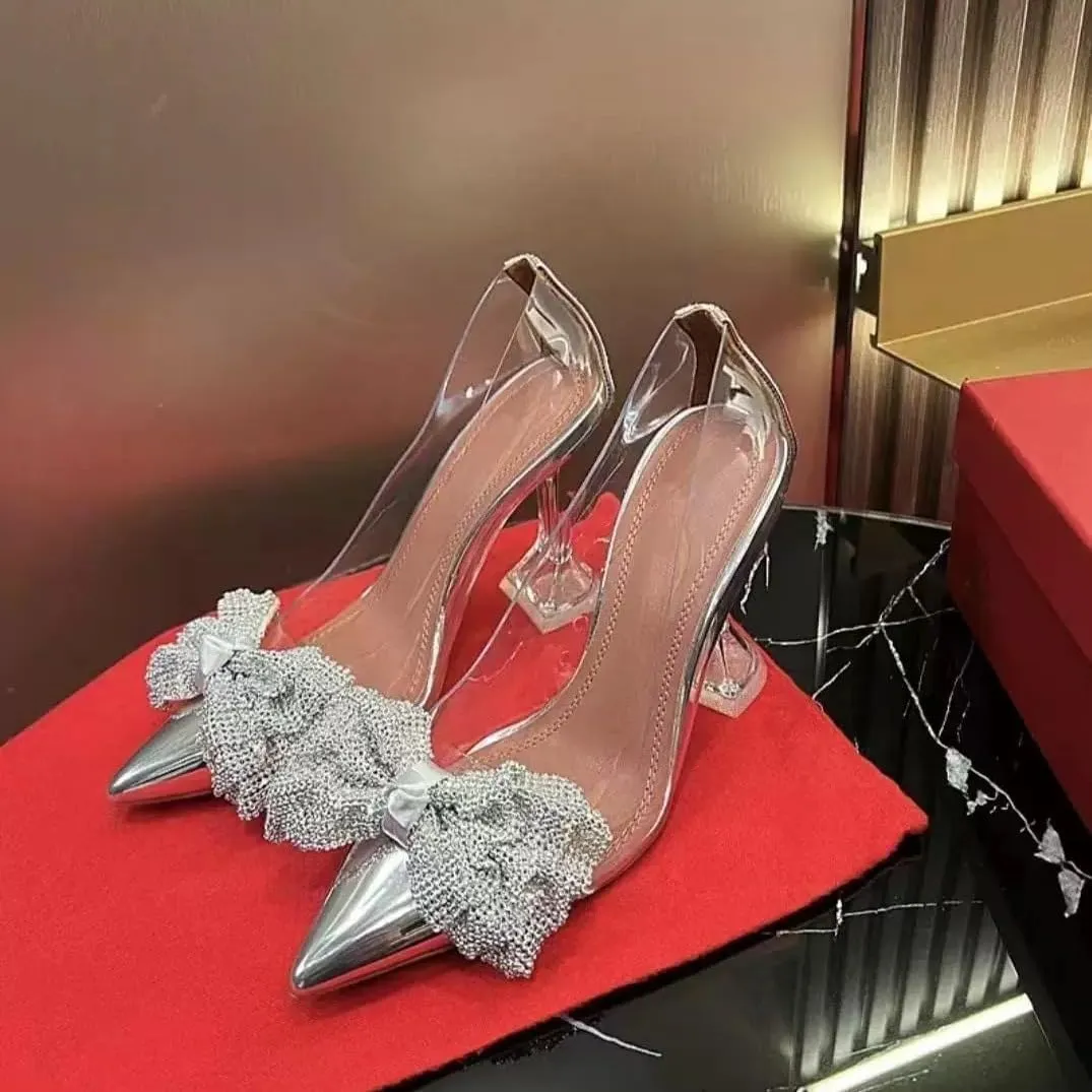 Women's Rhinestone Bow Heels Women s Transparent Slip - On Pointed Toe High Heel Sandals Thin Heels for Elegant Occasions