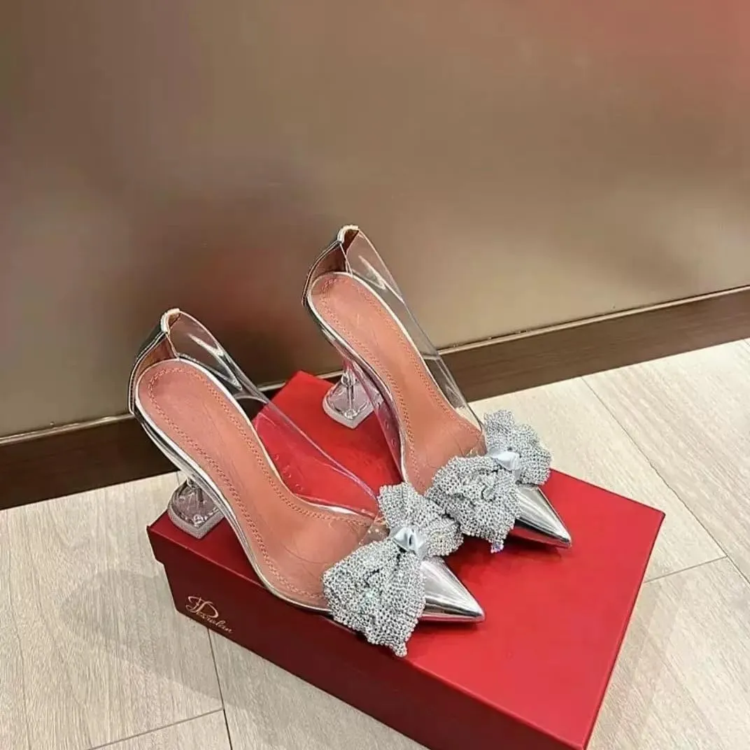 Women's Rhinestone Bow Heels Women s Transparent Slip - On Pointed Toe High Heel Sandals Thin Heels for Elegant Occasions
