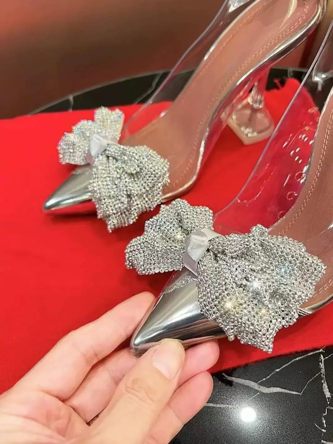 Women's Rhinestone Bow Heels Women s Transparent Slip - On Pointed Toe High Heel Sandals Thin Heels for Elegant Occasions
