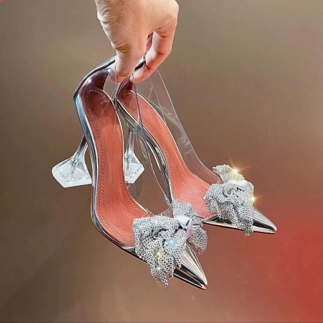 Women's Rhinestone Bow Heels Women s Transparent Slip - On Pointed Toe High Heel Sandals Thin Heels for Elegant Occasions