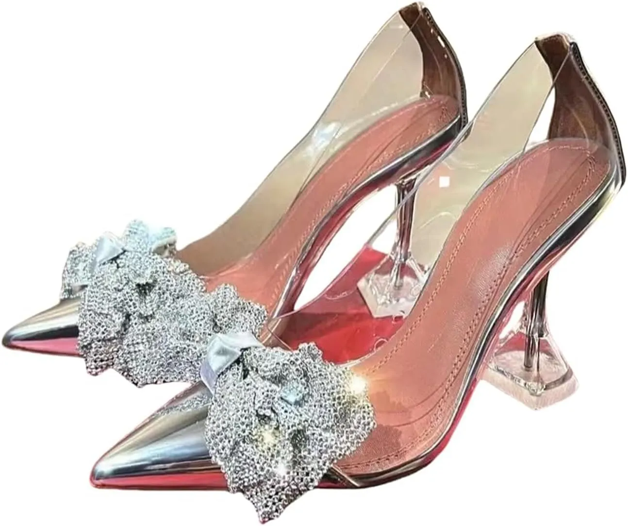 Women's Rhinestone Bow Heels Women s Transparent Slip - On Pointed Toe High Heel Sandals Thin Heels for Elegant Occasions