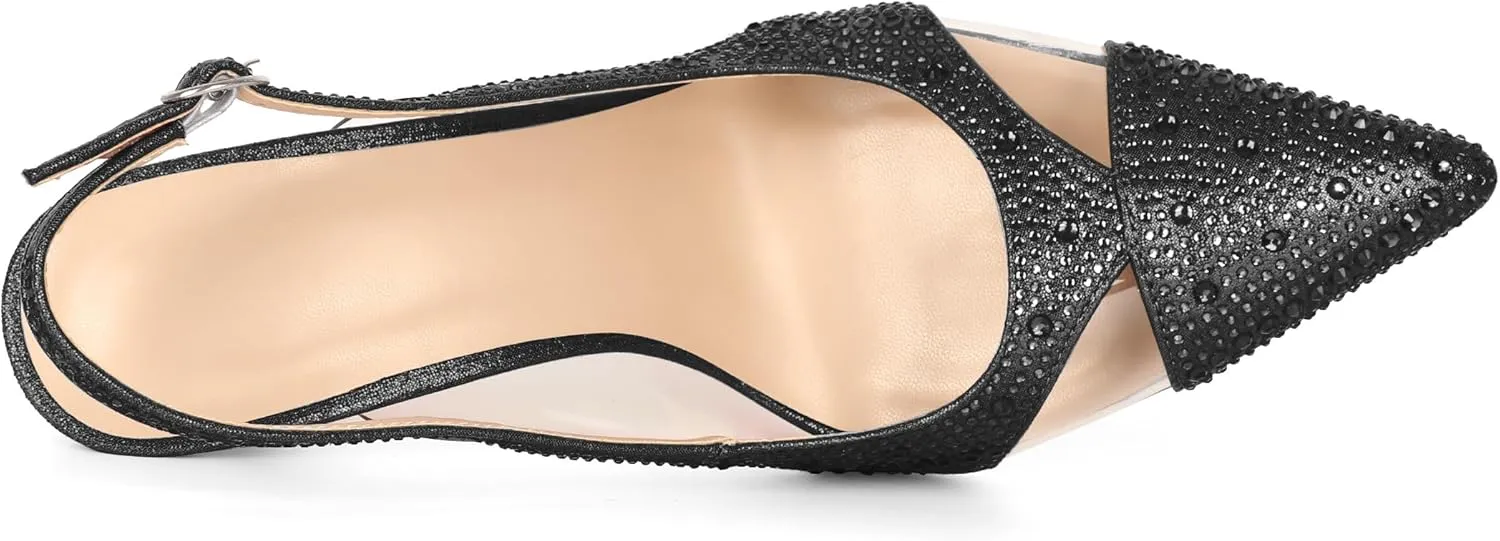 Women's Stiletto Heels for Women Sparkly Heeled Pump Rhinestone Heel Slingback Pumps Pointed Toe Shoes Elegant 3.5 Inch