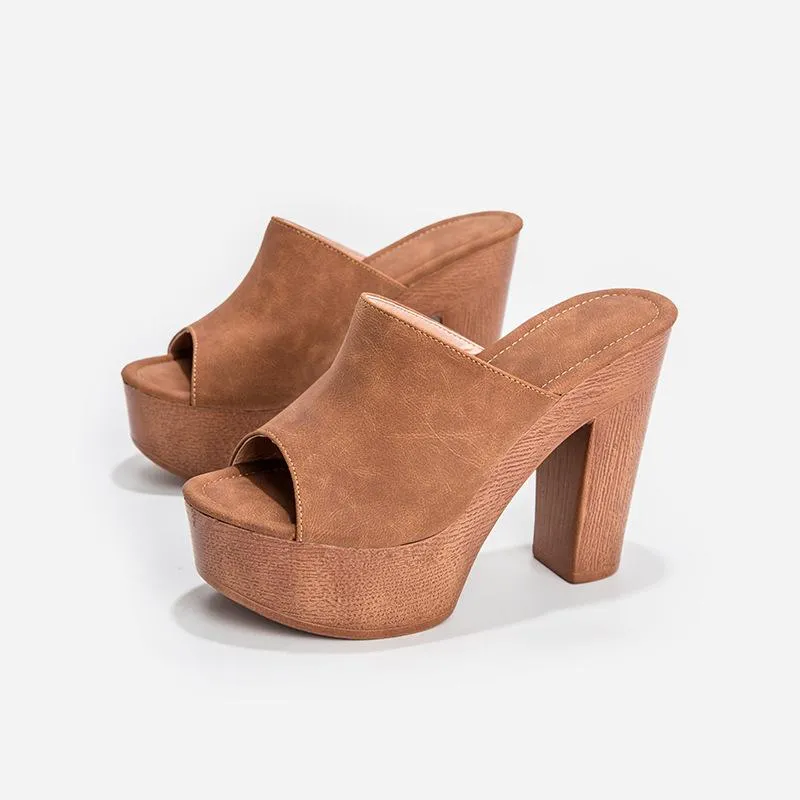 Women's summer slip on peep toe platform chunky mules