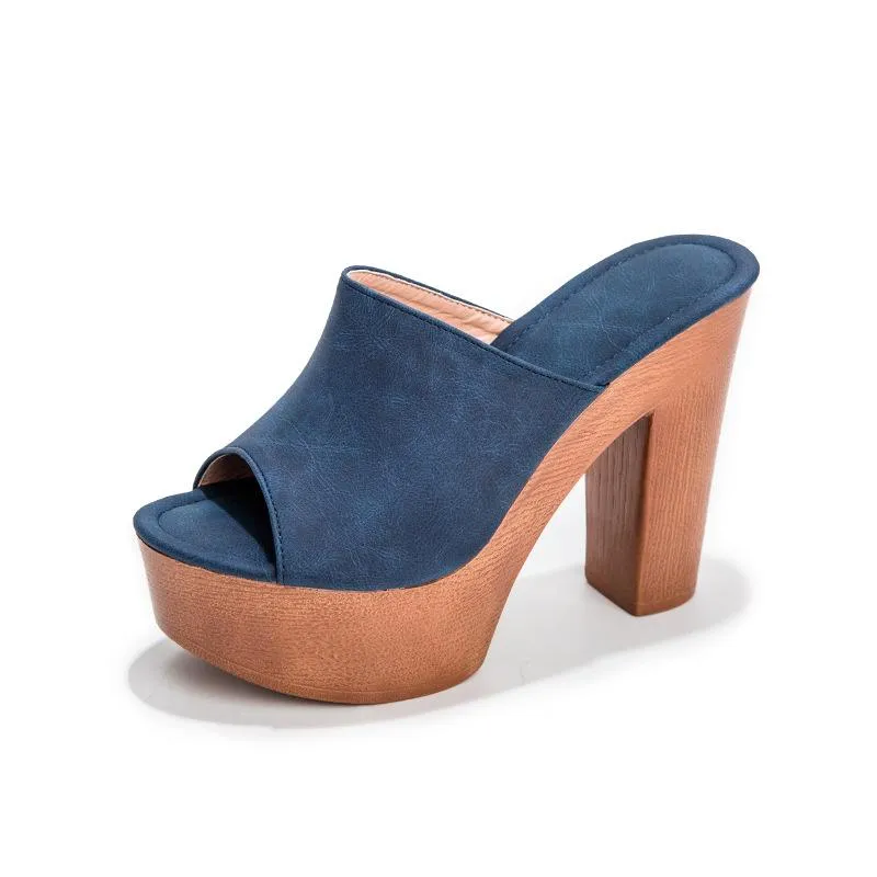Women's summer slip on peep toe platform chunky mules