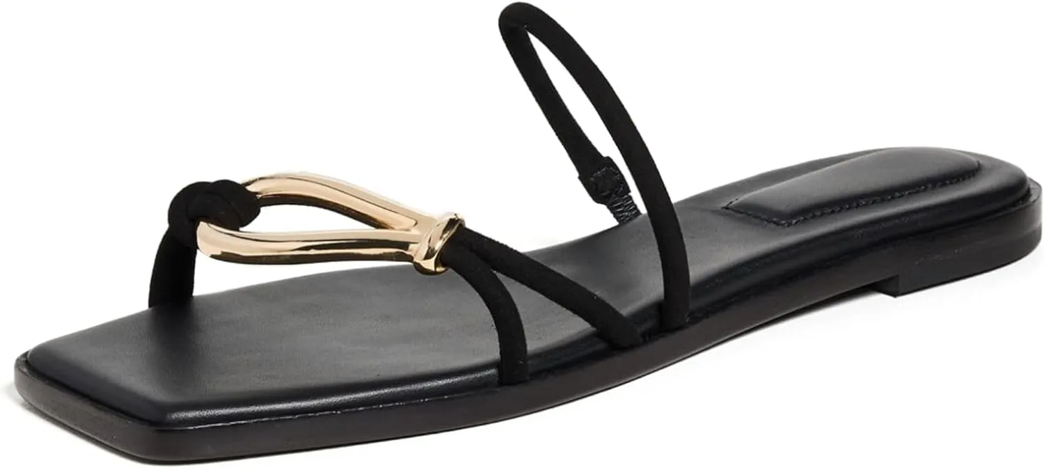 Yishaweiqi Metal Suede Strappy Flat Sandals for Women Slip On Slide Sandals Open Square toe Beach Sandals